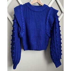 Farm Rio Women's S Shaker Stitch Braided Textured Chunky Knit Sweater - Blue